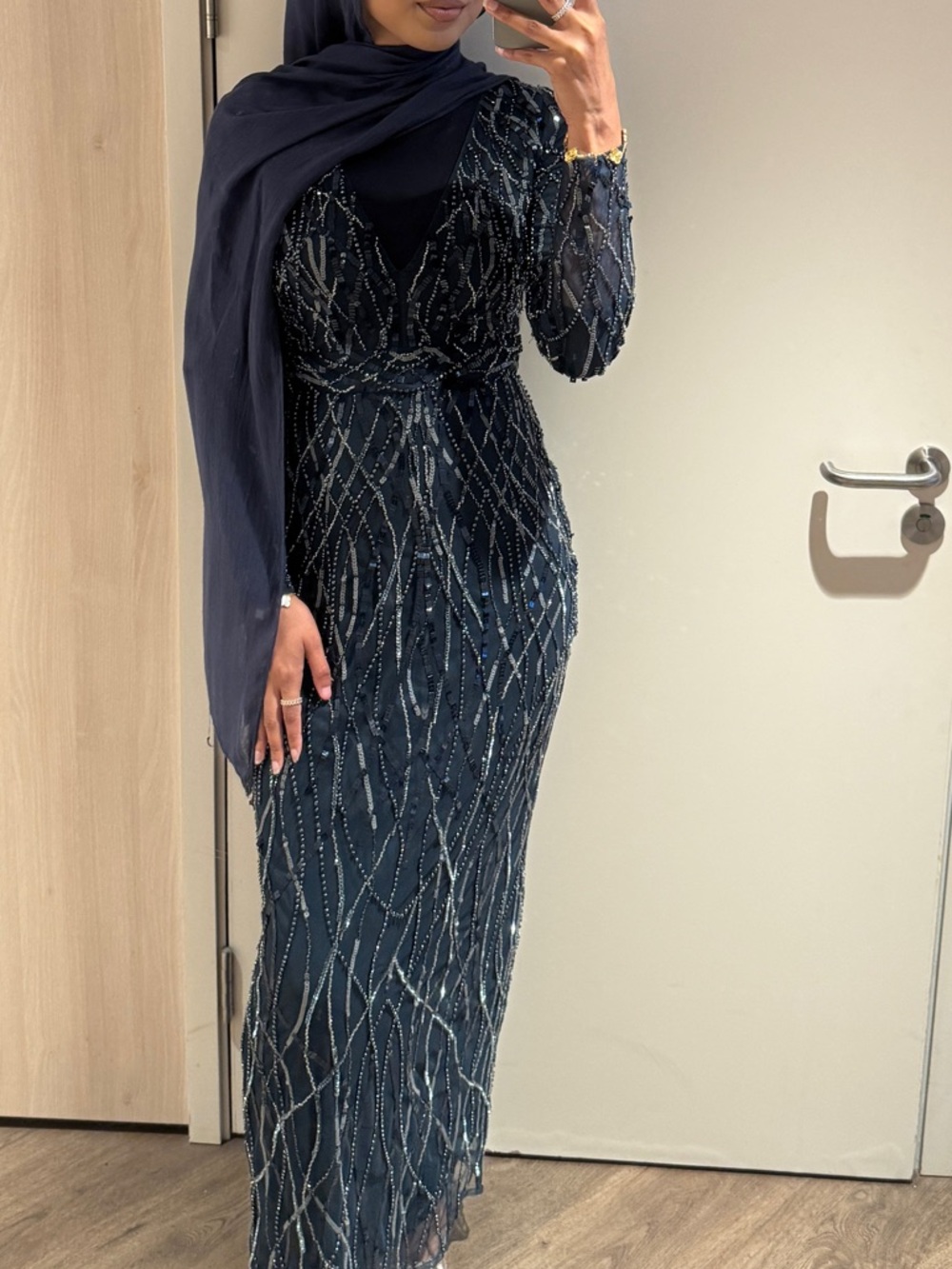 Navy Beaded Long Sleeve Modest Evening Dress